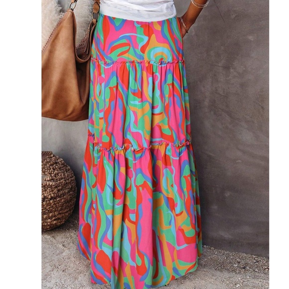 Boho Colorful Print Stretchy Waist pockets Maxi skirt - Picture 2 of 2